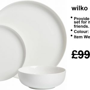 A Wilko dinner set, looking sharp with four crisp white plates and four shallow bowls. Perfect for those everyday meals—no fuss, just style. Clean lines, a touch of elegance; it's like the go-to outfit for your dining table.