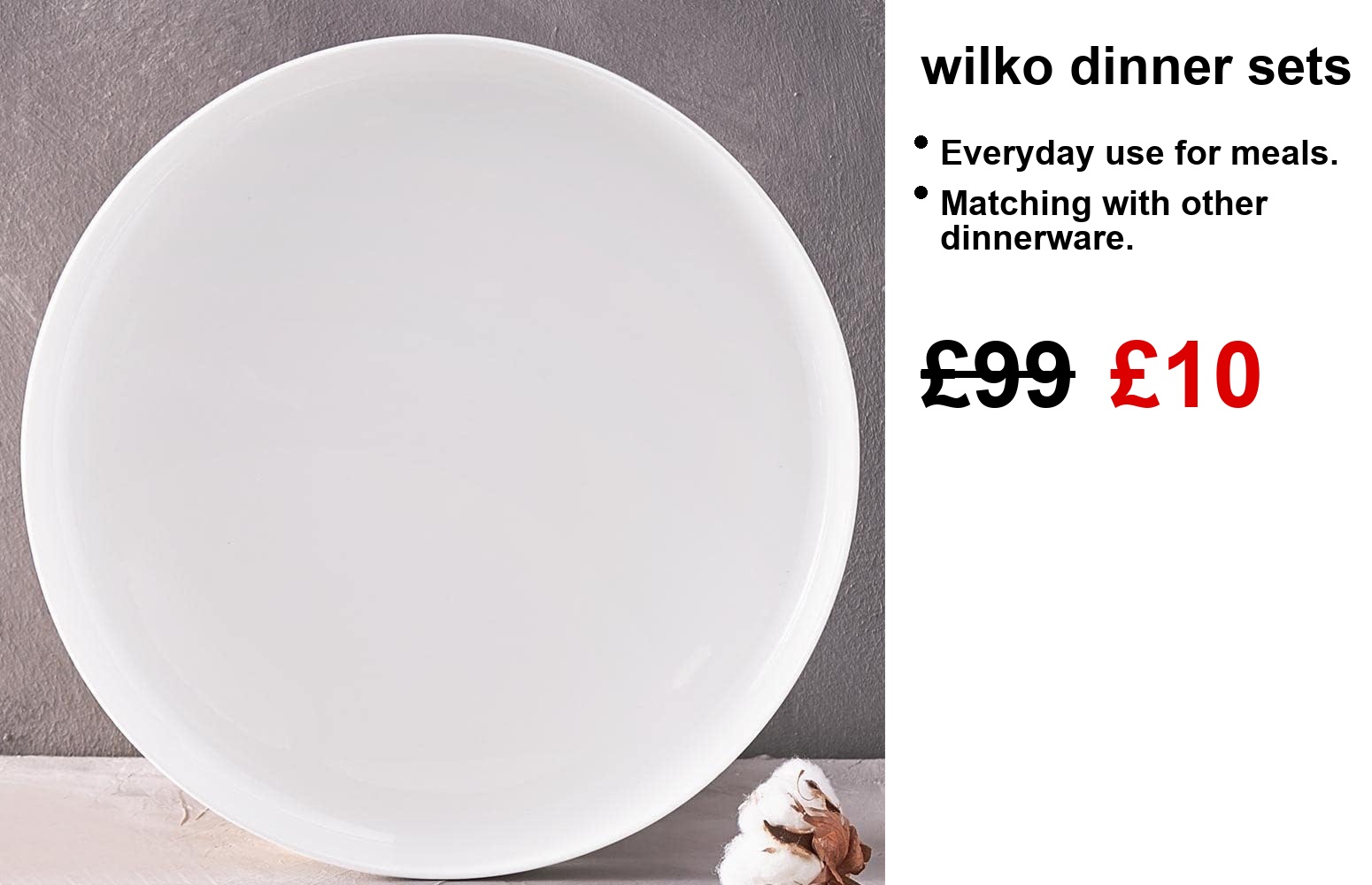 A bright white Wilko dinner set—plates stacked, bowls resting elegantly, and everything tidy on the table. Perfect for those laid-back dinners or fancy soirees. Clean lines, simple style, and the kind of vibe that just says "let's eat!"