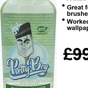 A stylish 8.8oz bottle of Pretty Boy Brush Cleaner, sitting pretty on a wooden surface—sleek white label with those cool blue accents catching the eye. Perfect for keeping your brushes spotless.