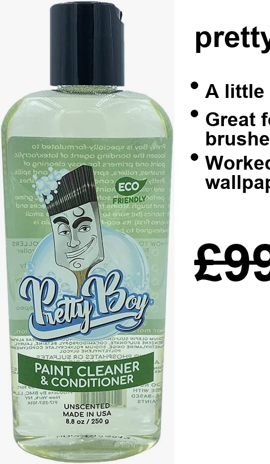 A stylish 8.8oz bottle of Pretty Boy Brush Cleaner, sitting pretty on a wooden surface—sleek white label with those cool blue accents catching the eye. Perfect for keeping your brushes spotless.