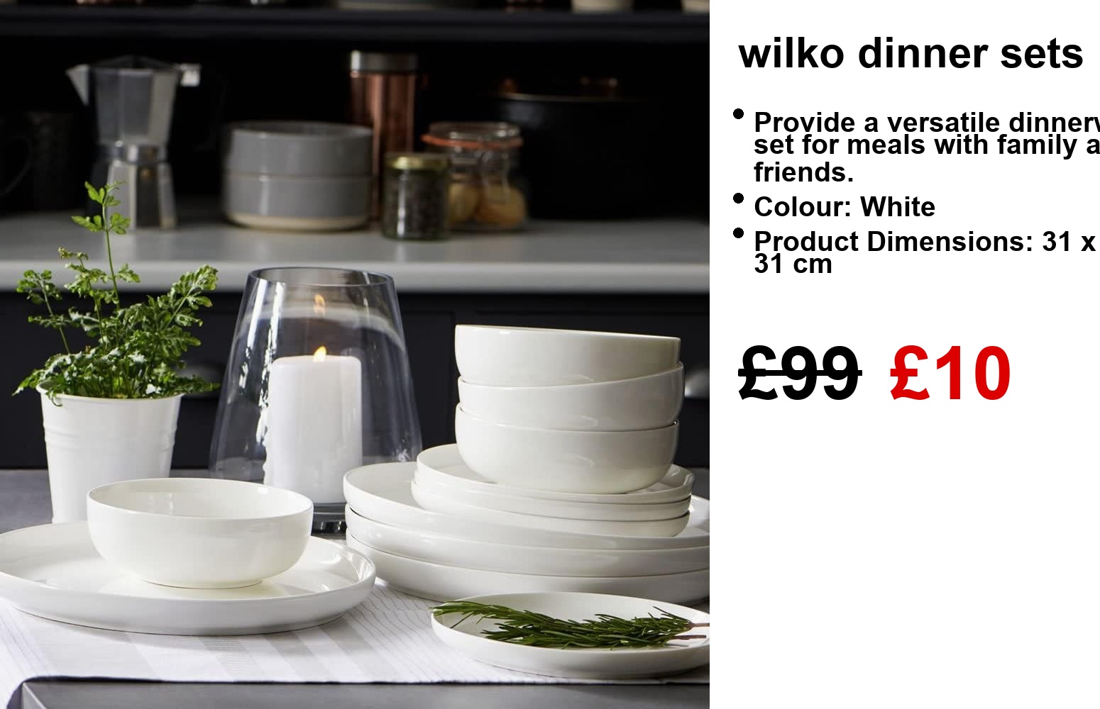 A stylish Wilko dinner set—includes four generous dinner plates, four handy side plates, and four shallow bowls. All in a lovely cream shade, perfectly set up on a table. Just picture those family dinners.