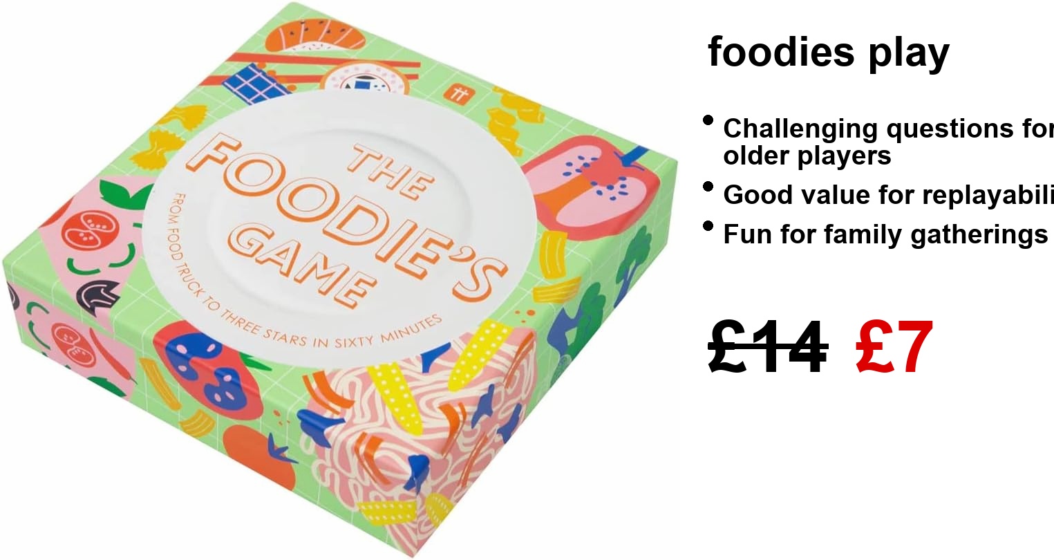 A lively tabletop scene—The Foodies Game in all its glory. Bright, playful cards scattered, wooden dice ready for action, and that eye-catching box design just pops. Perfect for a game night, right?