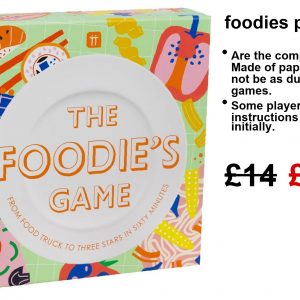 A lively box for The Foodies Game—bright graphics, playful doodles everywhere. Perfect for family nights, it screams culinary trivia fun!