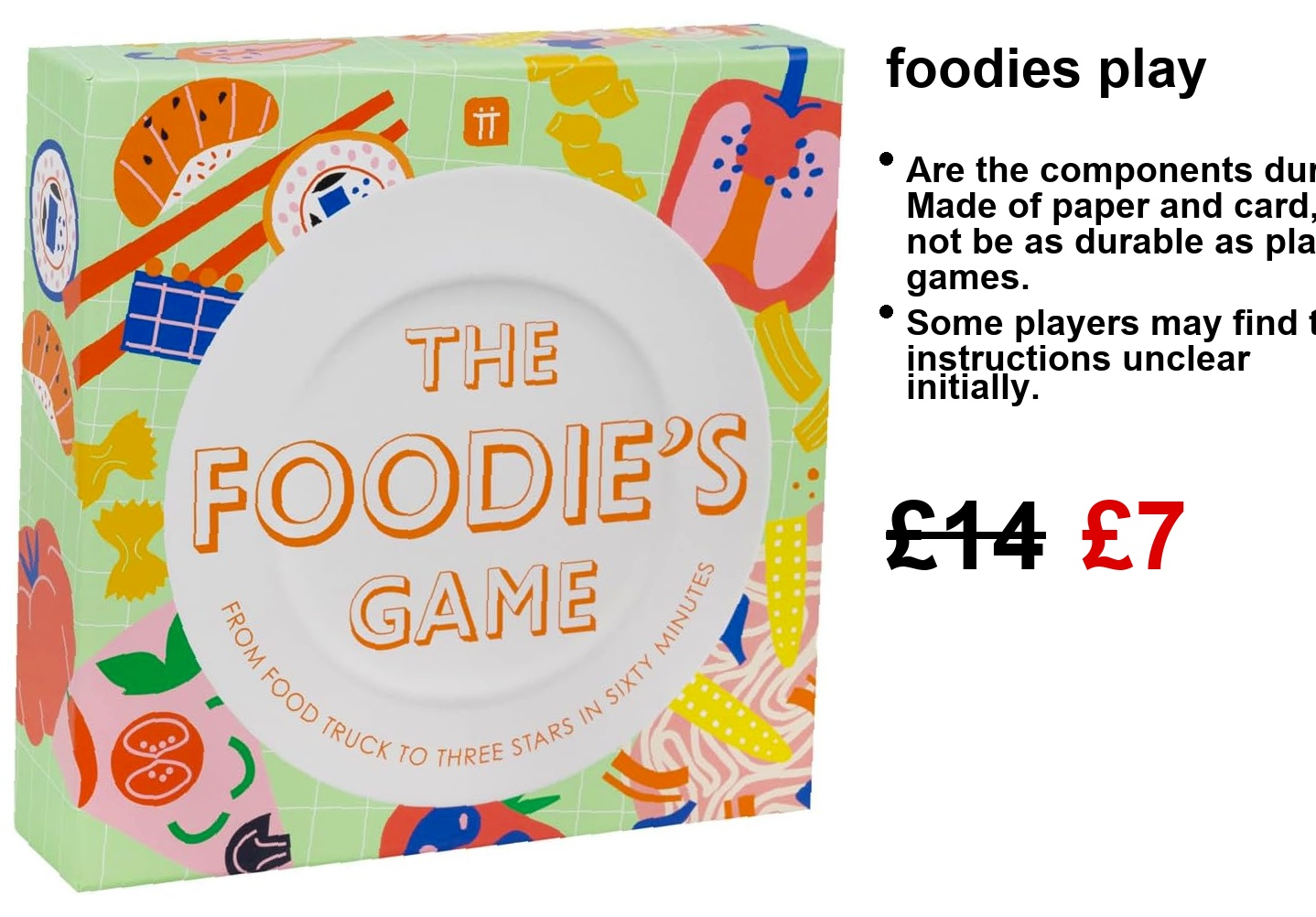A lively box for The Foodies Game—bright graphics, playful doodles everywhere. Perfect for family nights, it screams culinary trivia fun!