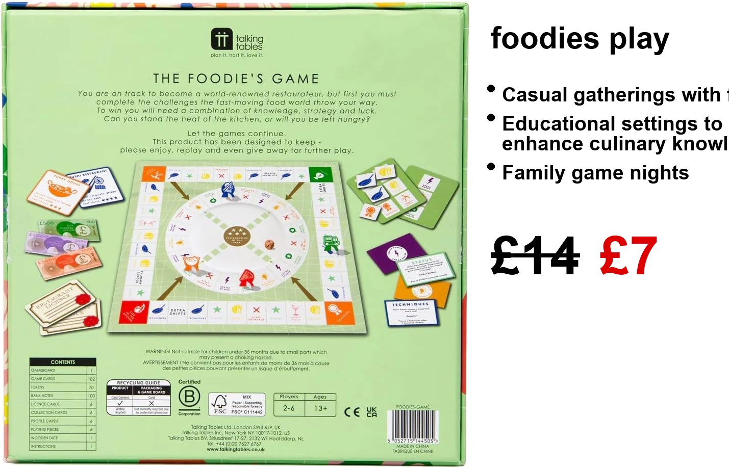 The Foodies Game box—bright graphics jump out, almost demanding attention. It's laid out on a rustic wooden table, with a chaotic scatter of colourful game pieces and cards creating a fun vibe. Just look at those pops of colour!