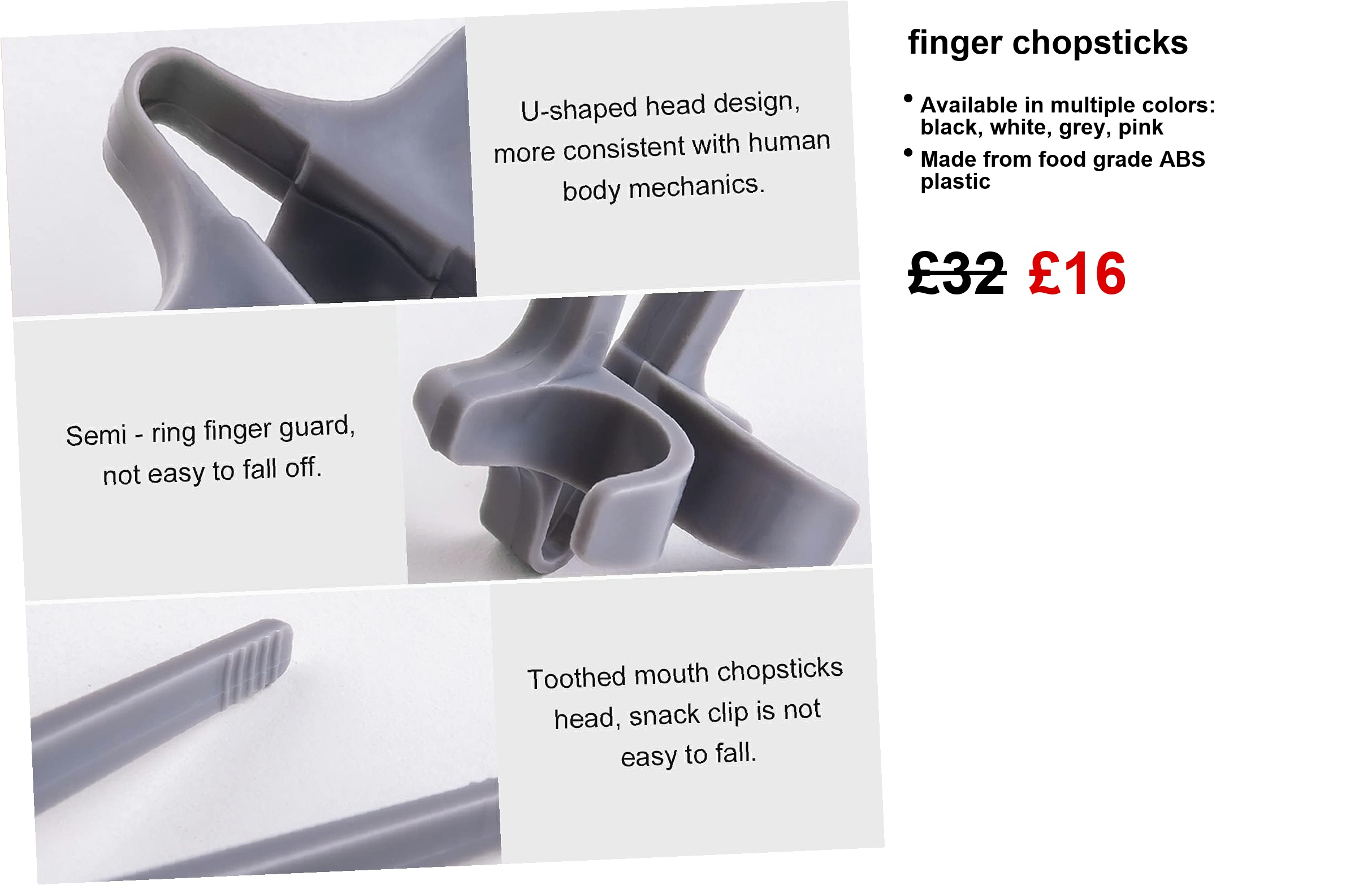 A vibrant set of finger chopsticks in black, white, grey, and pink—perfectly quirky for your next sushi night. Who knew eating could be this playful? The white backdrop really lets these colours pop!