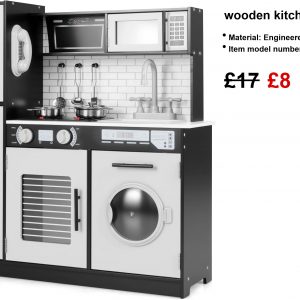 A funky wooden kitchen playset—bright colours everywhere, right? You've got a stove, an oven, even a microwave, plus a cute sink with interactive knobs. And don’t forget those shiny pots and pans, utensils too—everything's there, making playtime feel super real!