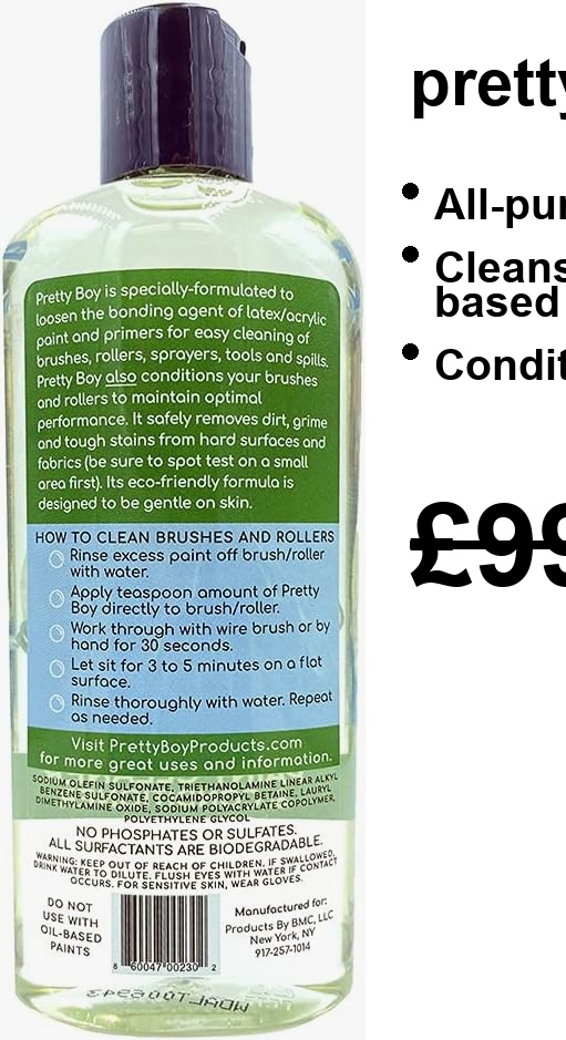 A sleek Pretty Boy Brush Cleaner bottle—check out that bright label, with a hint of shimmer catching the light. It's just sitting there, against a calm backdrop, almost inviting you to take it home.