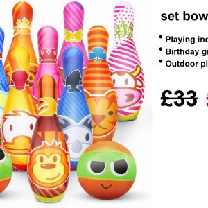 A lively bowling set—10 eye-catching skittle pins in a rainbow of colours, plus 2 bowling balls just waiting for action, all set against a clean white backdrop. The fun vibes practically leap off the image!