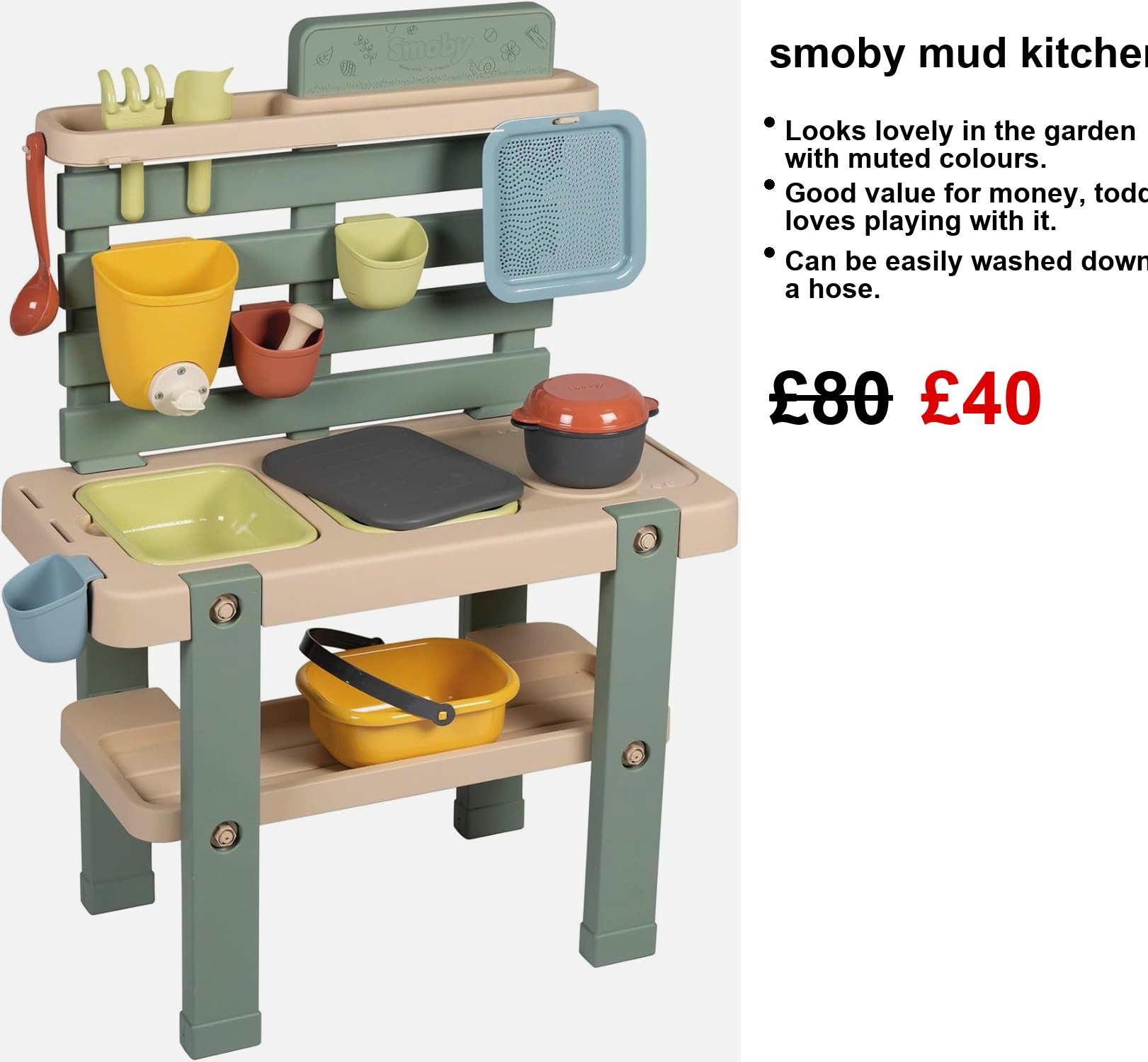 A Smoby Mud Kitchen bursting with colour, perfect for outdoor play! You’ve got a funky water tap, big trays that pop out, and a stash of accessories. Just look at it sitting on the grass—makes you want to dive right in, doesn’t it?