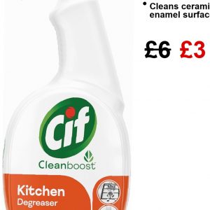 Cif Cleanboost Kitchen Spray—sporting a vibrant orange and tangerine design—sits boldly against a crisp white background, ready to tackle those stubborn kitchen messes. The cheerful look makes cleaning feel less like a chore, doesn’t it?