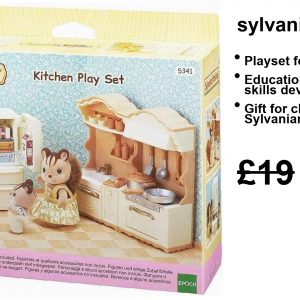 A vibrant Sylvanian Kitchen Set — all those cute cooking gadgets sprawled on the countertop. Pots, utensils, and playful food bits just waiting for little hands to whip up something magical. Perfect for sparking wild imaginations!