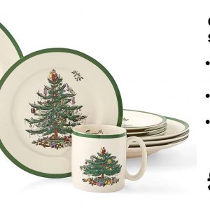 Spode Christmas Tree dinnerware set—10-1/2-inch plates, oh so festive! Each one flaunts a cheerful Christmas tree, with vibrant gifts all around. It pops against a crisp white backdrop. Perfect for holiday feasts!