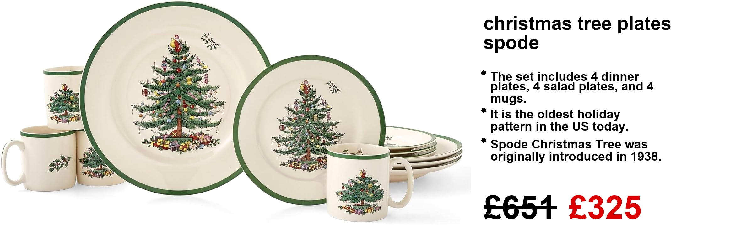 Spode Christmas Tree dinnerware set—10-1/2-inch plates, oh so festive! Each one flaunts a cheerful Christmas tree, with vibrant gifts all around. It pops against a crisp white backdrop. Perfect for holiday feasts!