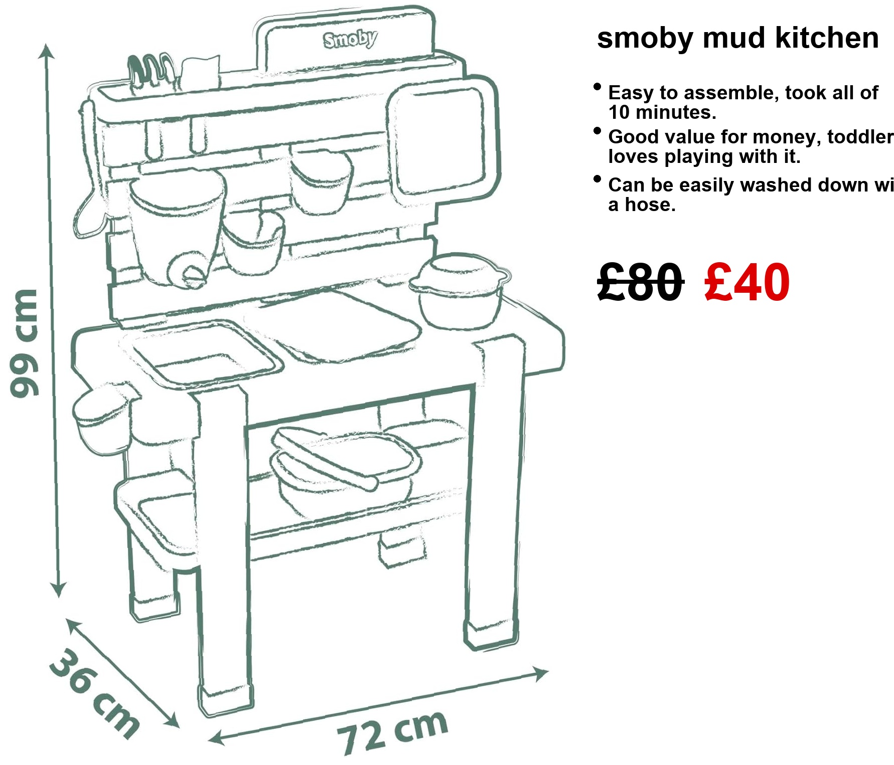 A lively Smoby Mud Kitchen bursting with colour—check out the removable tray, water tap, and bits and bobs scattered around. Perfectly set up in a garden, it’s just begging for little hands to dig in.