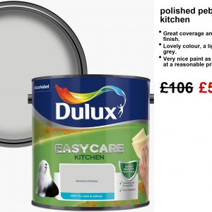 A 2.5-litre can of Dulux Kitchen paint in this dreamy light blue-grey. Matte finish—perfect for a fresh vibe in the kitchen. Just sitting there on a neutral surface, waiting to transform your space.