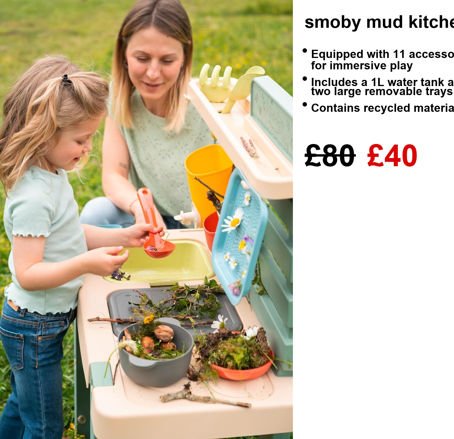 Smoby Mud Kitchen for outdoor fun—it's a riot of colour, all the right bits for your little one's messy adventures. Removable trays, a cheeky water tap, and a wild mix of accessories—perfect for stirring up some imaginative mud pies!