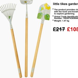 A vibrant Little Tikes gardening set, packed with lightweight metal tools—think shovel, rake, and garden hoe—perfectly sized for tiny hands. The backdrop? A cheerful outdoor scene that screams playtime.