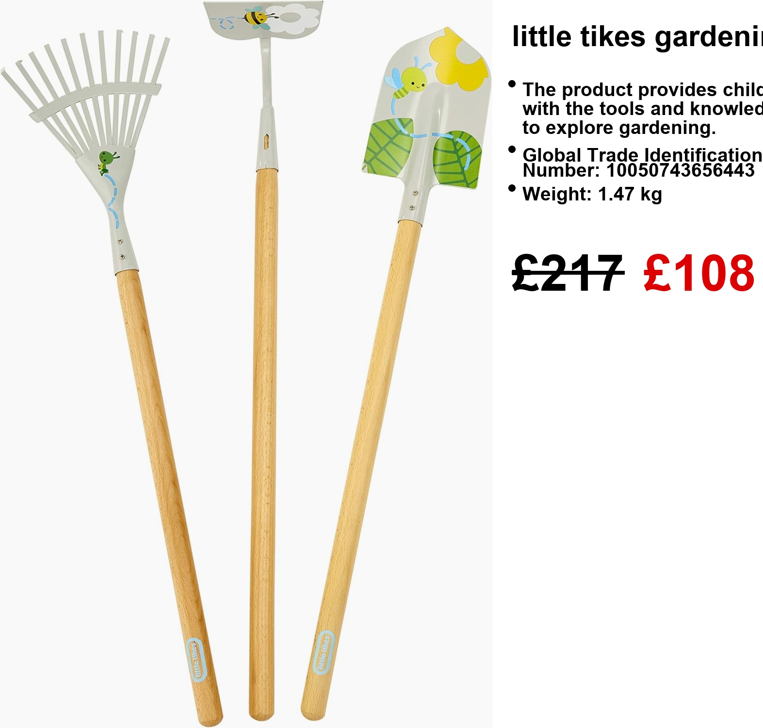 A vibrant Little Tikes gardening set, packed with lightweight metal tools—think shovel, rake, and garden hoe—perfectly sized for tiny hands. The backdrop? A cheerful outdoor scene that screams playtime.