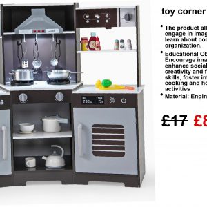 Bright and cheery Toy Corner Kitchen playset—think vibrant design with a spacious tabletop, three sneaky enclosed cabinets, and open slots for all those tiny pots and pans. Plus, don’t forget the handy hooks! Perfect for little chefs to whip up wild imaginary feasts.