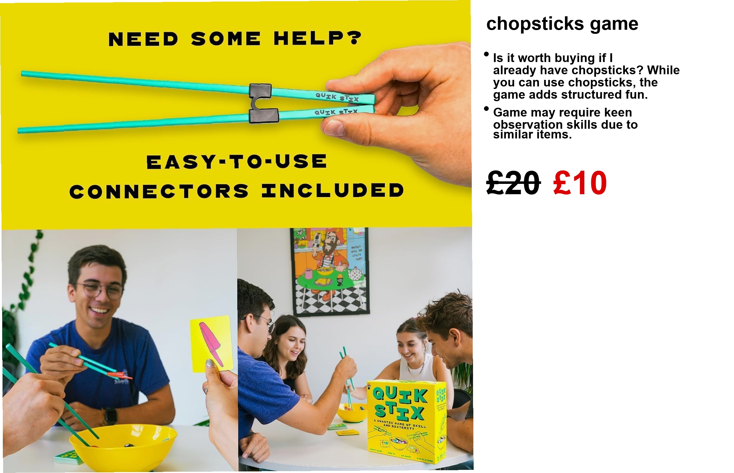 Bright, eye-catching image of the Chopsticks Game—yellow box pops against a jumble of colourful objects just waiting to be lifted with those tricky chopsticks. Perfect for some competitive fun, right?