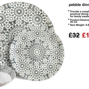 A stunning grey pebble dinner set—dinner plates, side plates, bowls—laid out stylishly on a table. Perfect for both casual meals and fancy gatherings, the elegant design catches the eye. Just imagine the compliments when your guests see this!