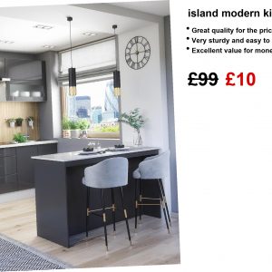 Sleek kitchen island featuring three open shelves, made of sturdy laminated chipboard. Looks right at home in this chic, modern kitchen vibe.