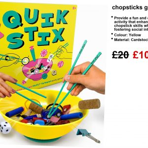 A lively box of the Chopsticks Game, bursting with colour—chopsticks scattered among a bunch of quirky, vibrant objects, all set against a sunny yellow backdrop. It’s eye-catching, fun—perfect for family game nights or just a cheeky challenge with friends.