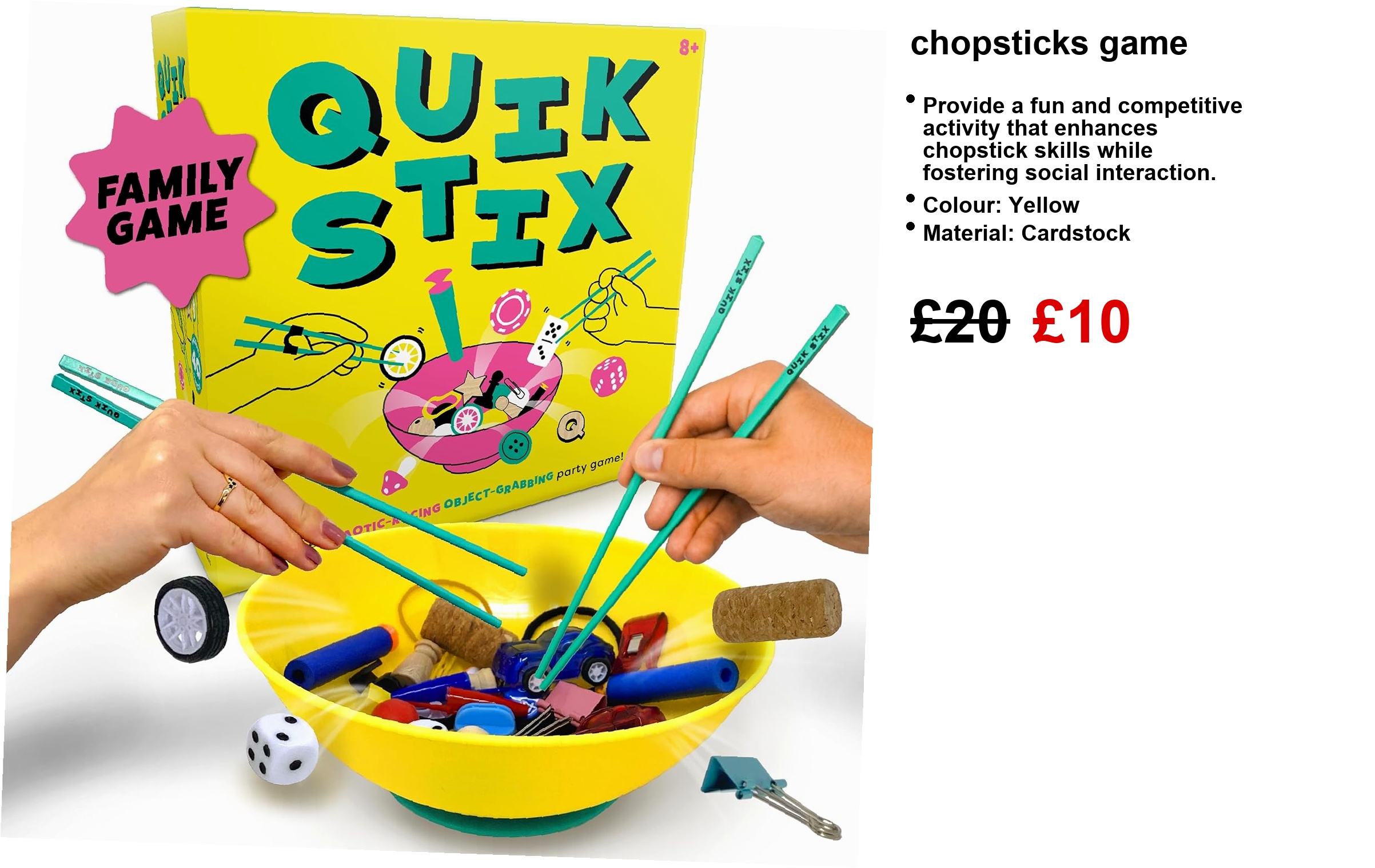 A lively box of the Chopsticks Game, bursting with colour—chopsticks scattered among a bunch of quirky, vibrant objects, all set against a sunny yellow backdrop. It’s eye-catching, fun—perfect for family game nights or just a cheeky challenge with friends.