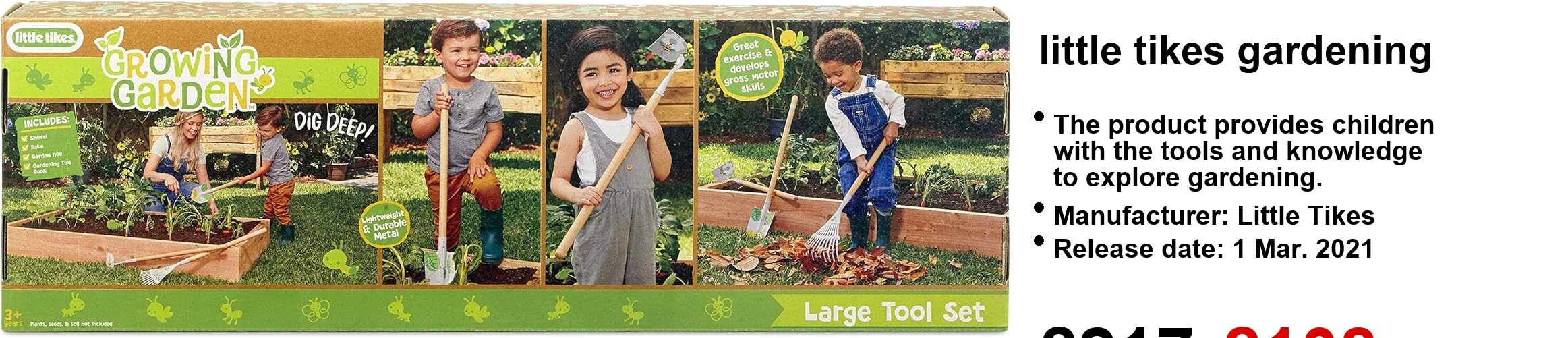 A bright, fun Little Tikes gardening set—perfect for tiny hands. You’ve got a colourful shovel, rake, and hoe. They’re just sitting on a rustic wooden table, and there's some lush green plants peeking in the background. So cheerful!
